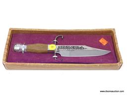 J. BOWIE HUNTING KNIFE; J. BOWIE WOOD HANDLE FIXED BLADE FIGHTING HUNTING KNIFE IN DISPLAY BOX.