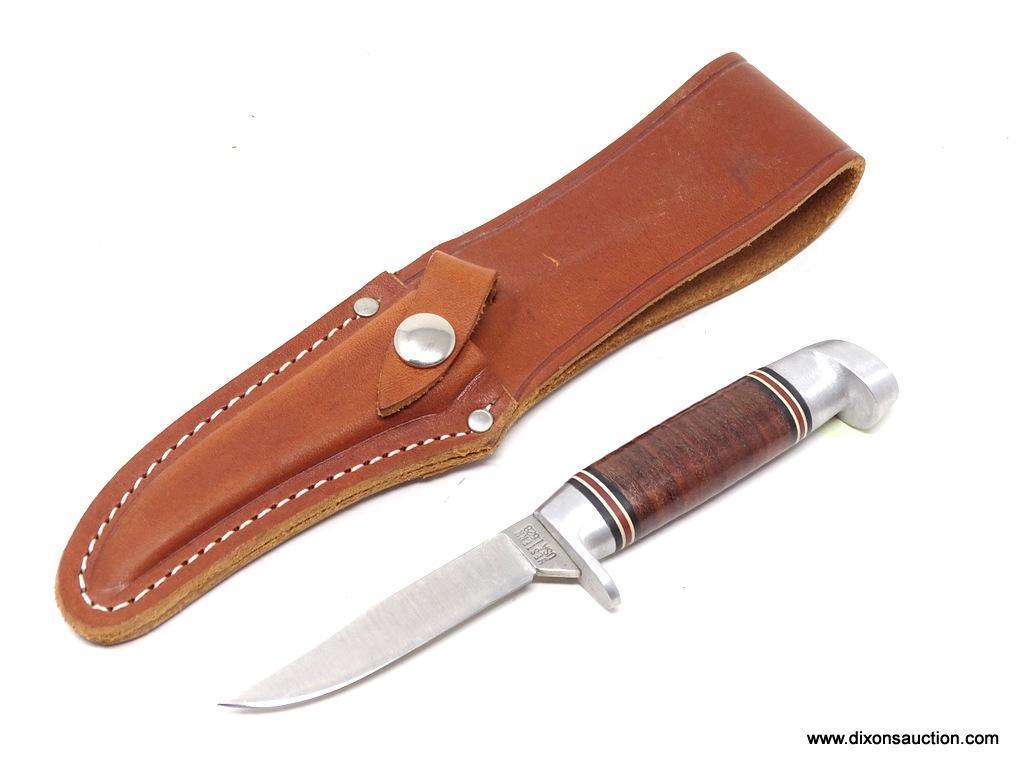 VINTAGE WESTERN USA L628 KNIFE; VINTAGE WESTERN SMALL GAME BIRD AND TROUT KNIFE. COMES WITH LEATHER