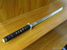 JAPANESE KATANA; SAMURAI SWORD WITH A WOODEN SHEATH ENVELOPED BY A PINK CLOTH WITH ORIENTAL GOLD