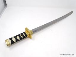 SHORT JAPANESE KATANA; SHORT SAMURAI SWORD WITH A BLACK METAL SHEATH AND GOLD TONED METAL CAPS.