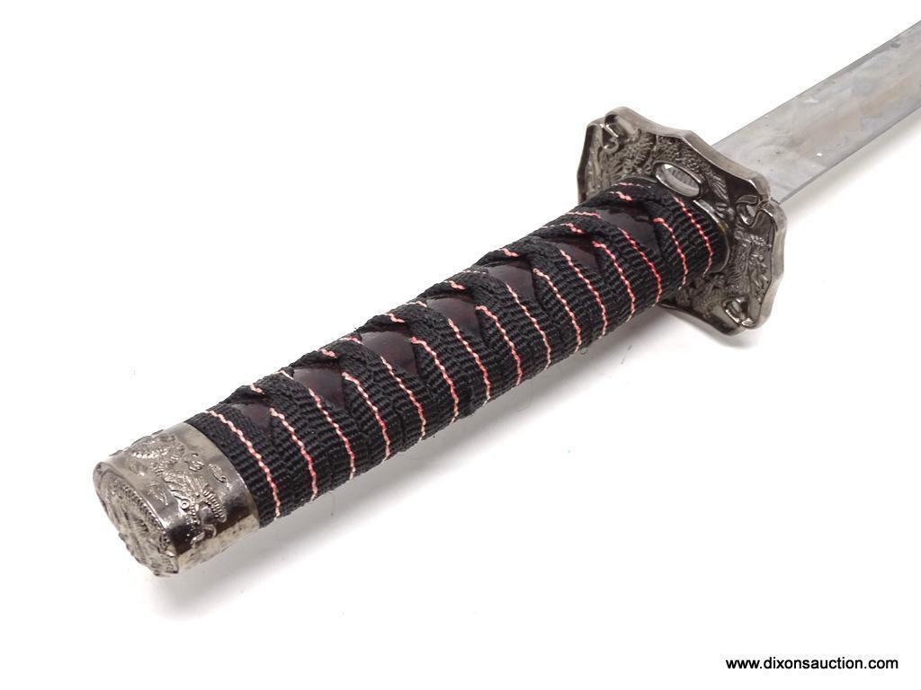 SHORT JAPANESE KATANA; SHORT SAMURAI SWORD WITH A DARK RED WOODEN SHEATH AND METAL CAPS WITH DRAGON