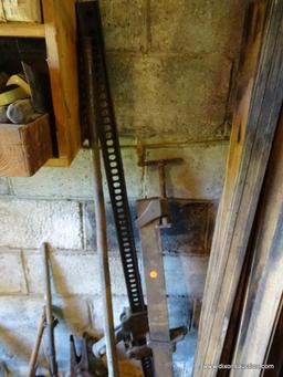 LOT OF ASSORTED TOOLS; 3 PIECE LOT TO INCLUDE A BAR CLAMP, A CAR JACK, AND A METAL STAKE.