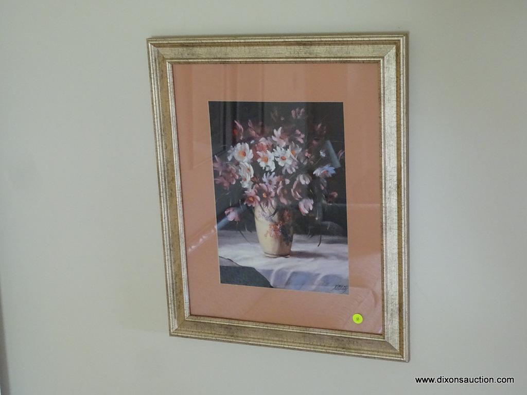 (FAM) FLOWER STILL PORTRAIT; FRAMED STILL PORTRAIT OF FLOWERS IN A VASE ON A WHITE TABLE CLOTH.