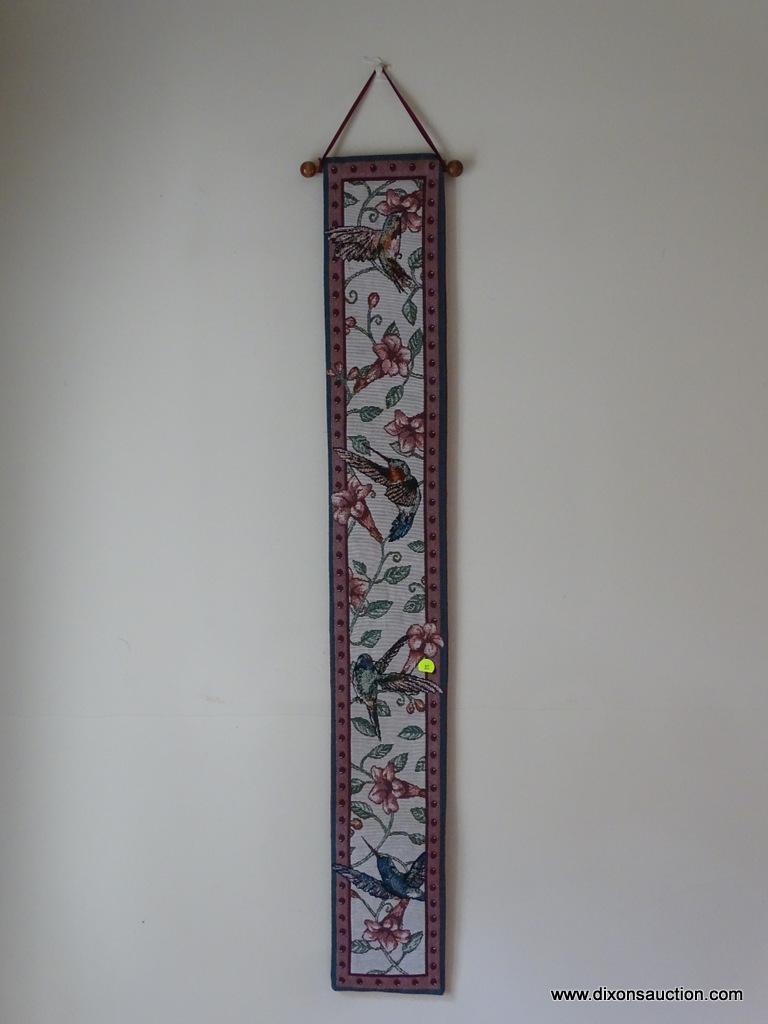 (FAM) WALL HANGING BIRD NEEDLEPOINT; HUMMINGBIRD WALL NEEDLEPOINT WITH A RED AND GREEN BORDER.