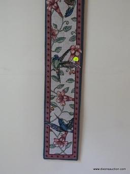 (FAM) WALL HANGING BIRD NEEDLEPOINT; HUMMINGBIRD WALL NEEDLEPOINT WITH A RED AND GREEN BORDER.