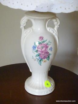 (FAM) FLOWER VASE TABLE LAMP; TABLE LAMP WITH A FLOWER VASE BASE THAT HAS FLOWERS PAINTED ON THE