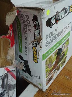 GORILLA CARTS POLY GARDEN CART WITH QUICK RELEASE DUMPING, NEW IN BOX, BOX HAS SOME EXTERIOR DAMAGE