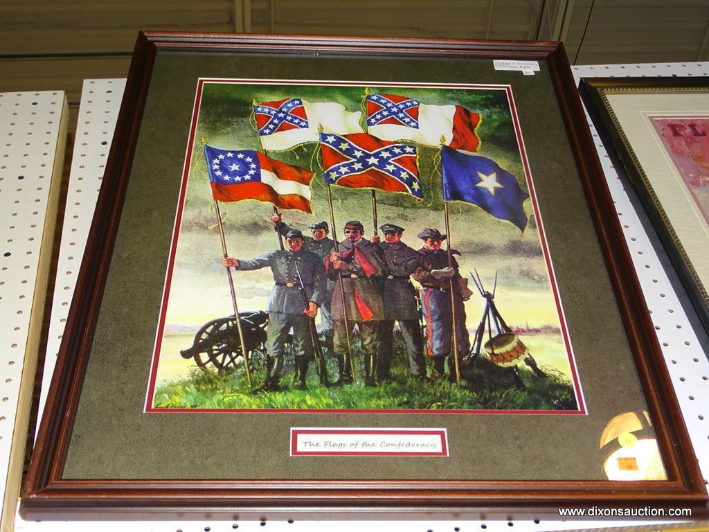 FRAMED SOLDIER PRINT; "THE FLAGS OF THE CONFEDERACY" PRINT OF CONFEDERATE SOLDIERS STANDING NEXT TO
