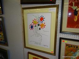 SILK SCREEN PICASSO PRINT; "HAND WITH BOUQUET PABLO PICASSO SILKSCREEN PRINT. DOUBLE MATTED IN A