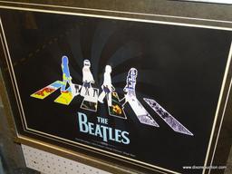 ABBEY ROAD PRINT; PRINT OF THE BEATLES WALKING ACROSS ABBEY ROAD WITH ALBUM COVERS IN THE