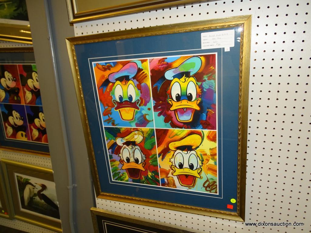 FRAMED DONALD DUCK PRINTS; PETER MAX'S DONALD DUCK SUITE OF 4. MATTED IN BLUE AND FRAMED IN A WOODEN
