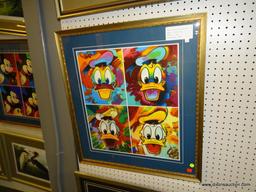FRAMED DONALD DUCK PRINTS; PETER MAX'S DONALD DUCK SUITE OF 4. MATTED IN BLUE AND FRAMED IN A WOODEN
