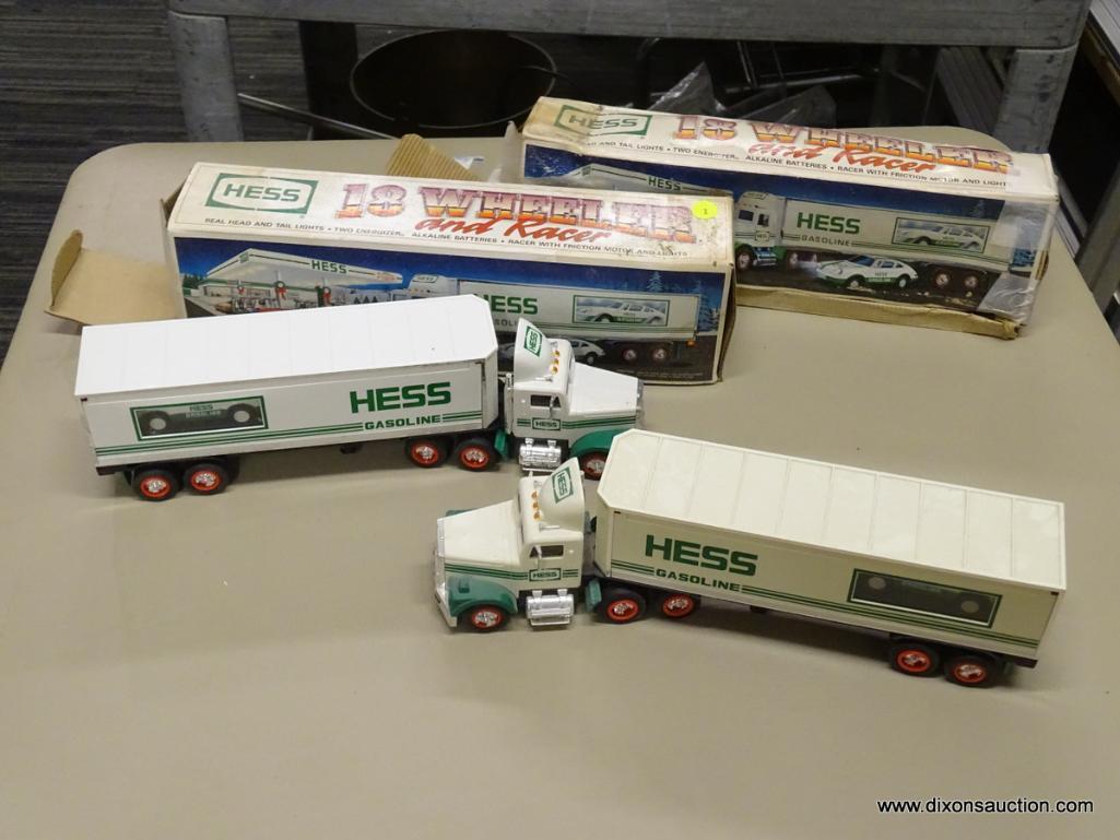 PAIR OF HESS 18 WHEELER AND RACER; 2 PIECE LOT OF HESS 1992 18 WHEELER WITH RACER, REAL HEAD AND