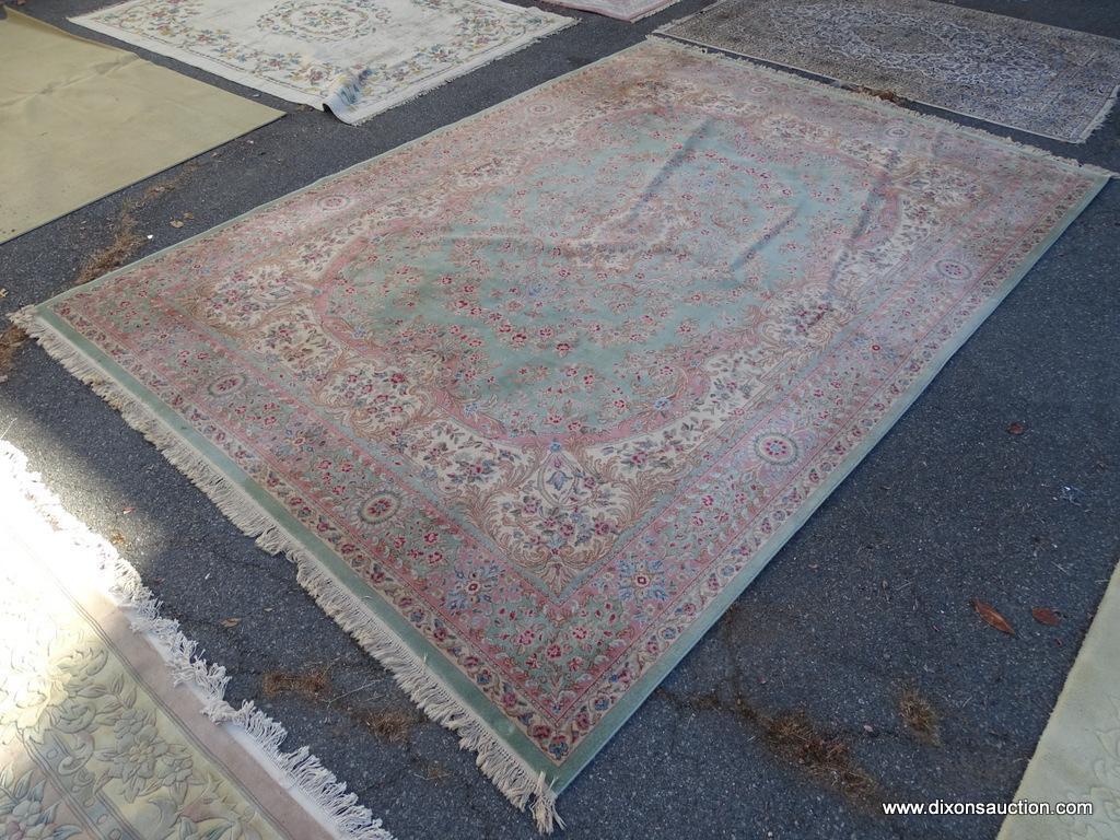 PALACE RUG; BEAUTIFUL HAND KNOTTED FLORAL PALACE RUG IN HUES OF MINT GREEN, CREAM, BLUE AND PINK.