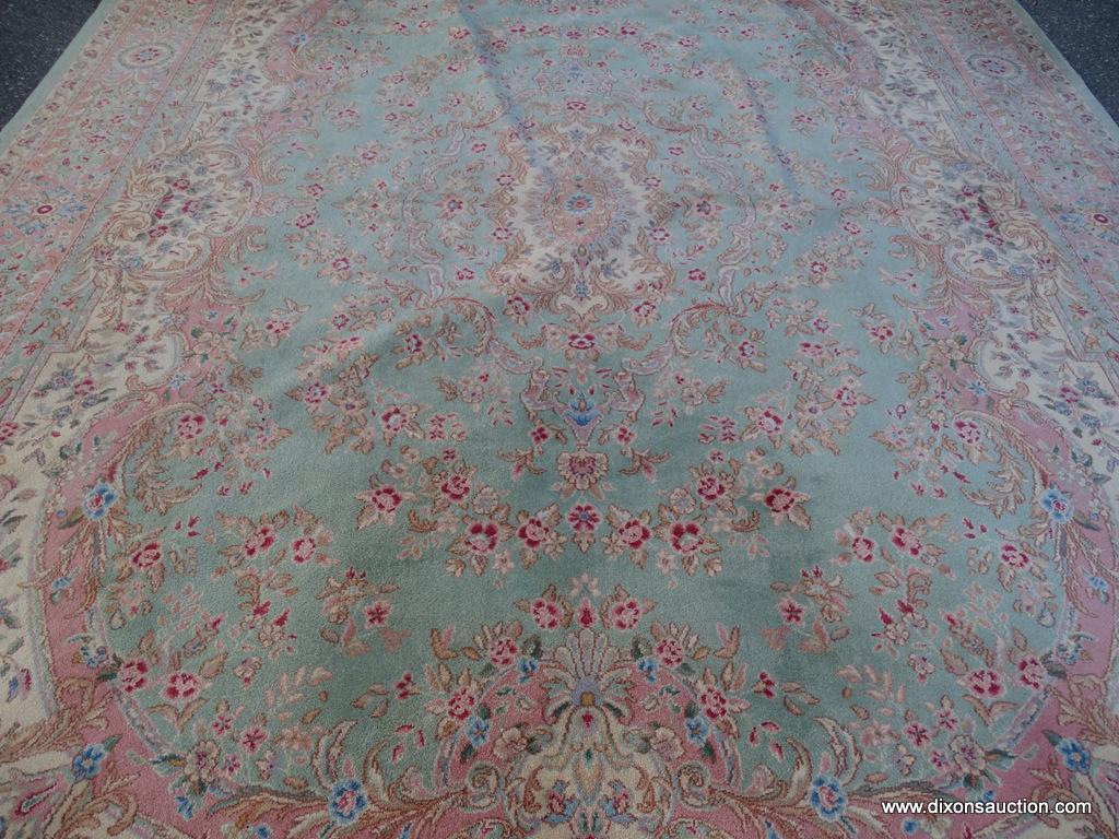 PALACE RUG; BEAUTIFUL HAND KNOTTED FLORAL PALACE RUG IN HUES OF MINT GREEN, CREAM, BLUE AND PINK.