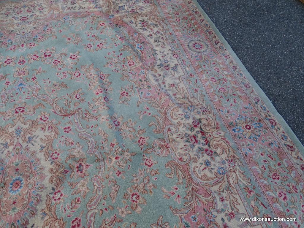 PALACE RUG; BEAUTIFUL HAND KNOTTED FLORAL PALACE RUG IN HUES OF MINT GREEN, CREAM, BLUE AND PINK.