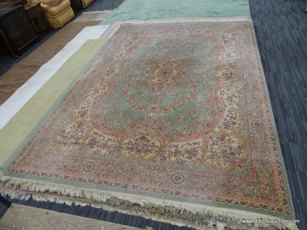 HAND KNOTTED AREA RUG; BEAUTIFUL HAND KNOTTED FLORAL RUG IN HUES OF MINT GREEN, CREAM, BLUE AND