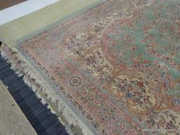 HAND KNOTTED AREA RUG; BEAUTIFUL HAND KNOTTED FLORAL RUG IN HUES OF MINT GREEN, CREAM, BLUE AND