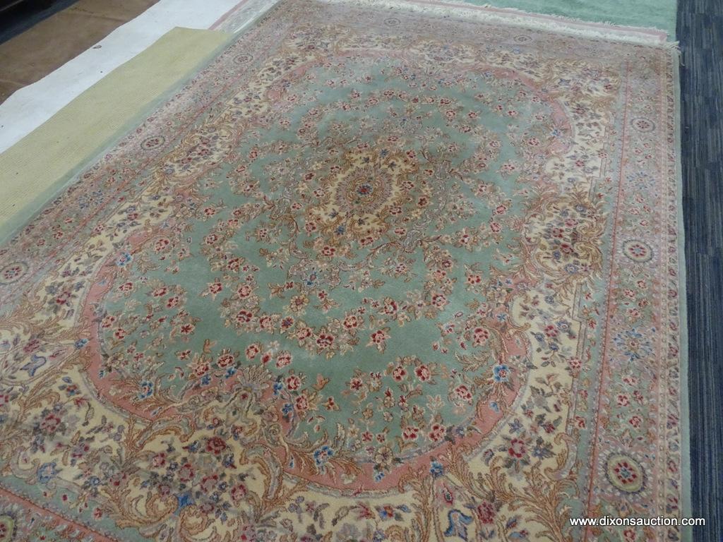 HAND KNOTTED AREA RUG; BEAUTIFUL HAND KNOTTED FLORAL RUG IN HUES OF MINT GREEN, CREAM, BLUE AND