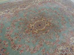 HAND KNOTTED AREA RUG; BEAUTIFUL HAND KNOTTED FLORAL RUG IN HUES OF MINT GREEN, CREAM, BLUE AND