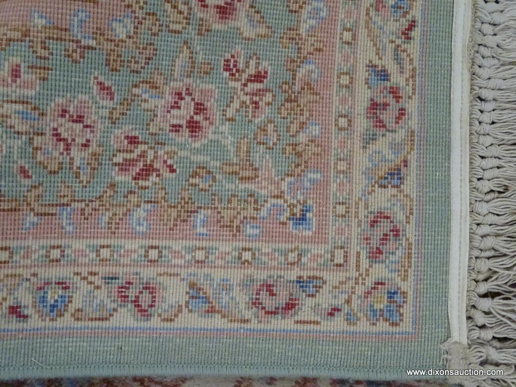 HAND KNOTTED AREA RUG; BEAUTIFUL HAND KNOTTED FLORAL RUG IN HUES OF MINT GREEN, CREAM, BLUE AND