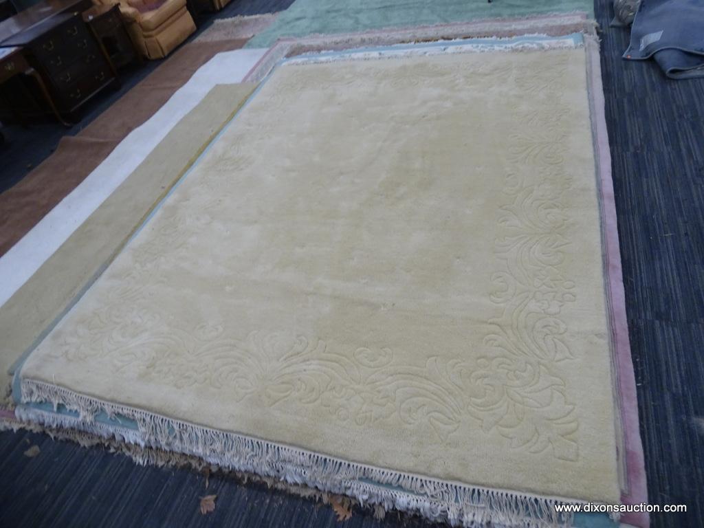 HAND WOVEN RUG; 100% VIRGIN WOOL PILE CHAMPAGNE COLORED GENUINE JINJAK RUG. HAND WOVEN IN INDIA. HAS