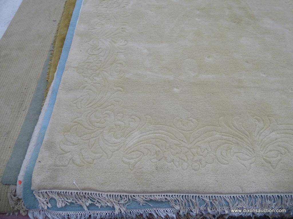 HAND WOVEN RUG; 100% VIRGIN WOOL PILE CHAMPAGNE COLORED GENUINE JINJAK RUG. HAND WOVEN IN INDIA. HAS