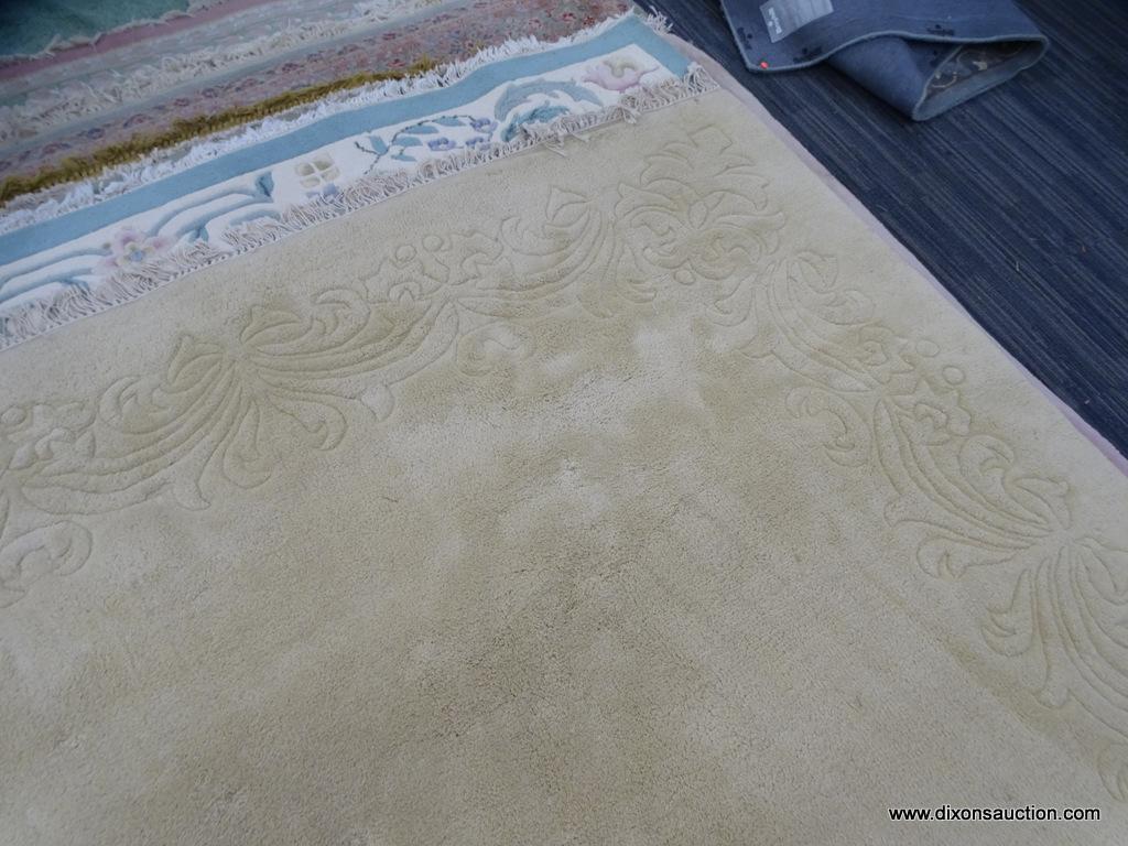 HAND WOVEN RUG; 100% VIRGIN WOOL PILE CHAMPAGNE COLORED GENUINE JINJAK RUG. HAND WOVEN IN INDIA. HAS