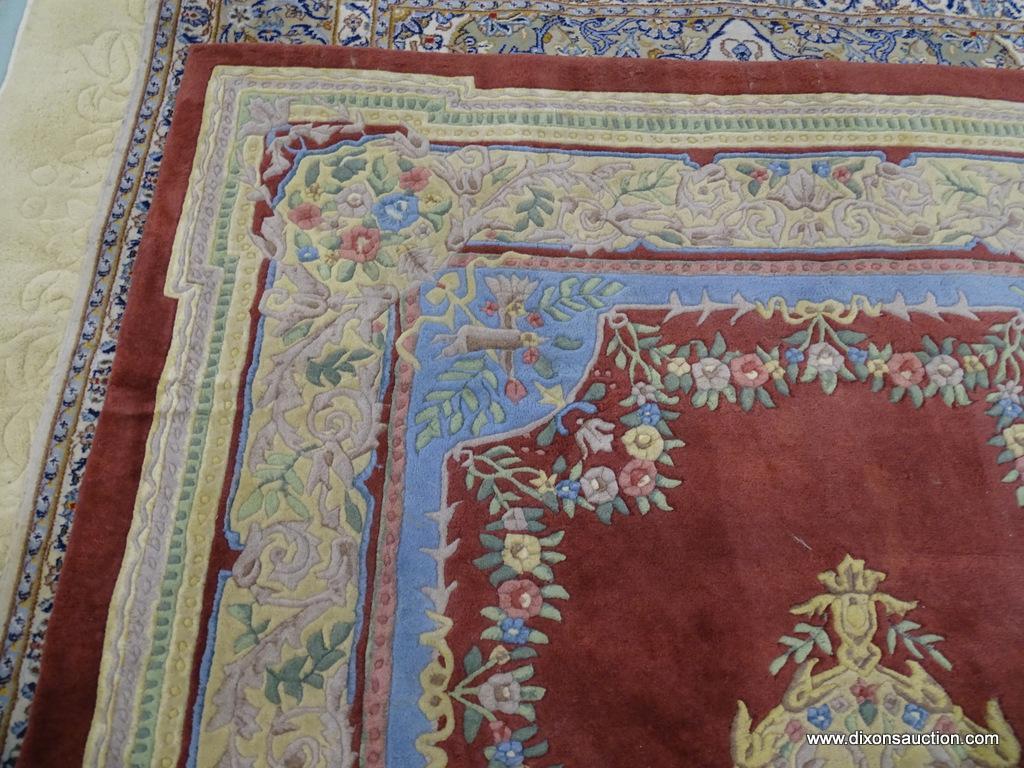 CAPEL SCULPTED AREA RUG; "EDEN" 100% SEMI-WORST PILE RED AREA RUG WITH FLORAL ENTER MEDALLION AND