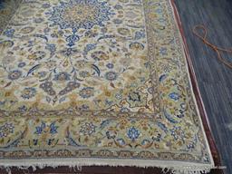 HAND KNOTTED AREA RUG; NEUTRAL TONE FLORAL AREA RUG IN CREAM, AND TAN WITH BLUE, ORANGE AND BROWN