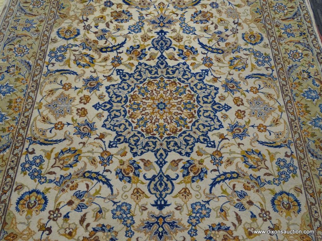 HAND KNOTTED AREA RUG; NEUTRAL TONE FLORAL AREA RUG IN CREAM, AND TAN WITH BLUE, ORANGE AND BROWN