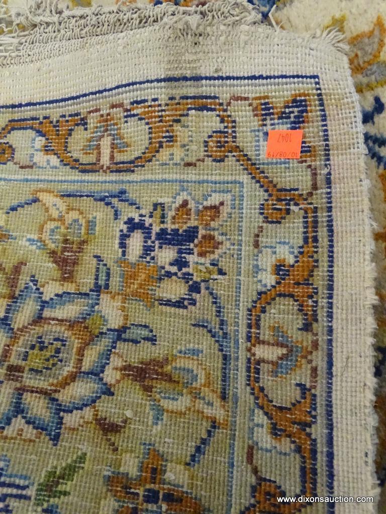 HAND KNOTTED AREA RUG; NEUTRAL TONE FLORAL AREA RUG IN CREAM, AND TAN WITH BLUE, ORANGE AND BROWN