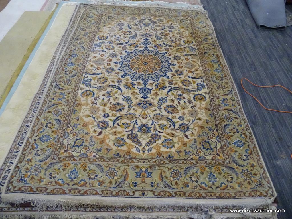 HAND KNOTTED AREA RUG; NEUTRAL TONE FLORAL AREA RUG IN CREAM, AND TAN WITH BLUE, ORANGE AND BROWN