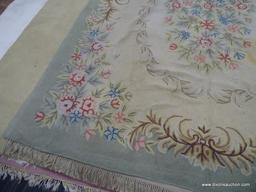 HAND KNOTTED AREA RUG; FLAT WEAVE SAGE GREEN AND TAN RUG WITH PINK, RED, AND BLUE FLOWERS. MEASURES