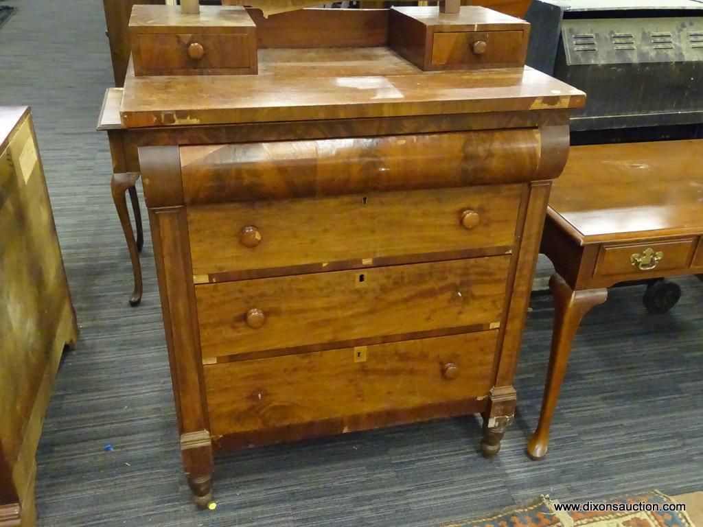 DRESSER VANITY; WOODEN DRESSER WITH A ROTATING VANITY. TABLE TOP HAS A DRAWER ON THE LEFT AND RIGHT