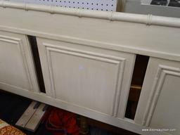 KING SIZED BED FRAME; WOODEN BED FRAME WITH A CREAM PAINT FINISH, TAPERED DETAILING ALONG THE TOP