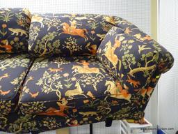 PULL OUT SOFA BED; RUBEE PULL OUT SOFA BED WITH A NAVY BLUE INDIAN TRIBAL FABRIC THAT HAS HORSE