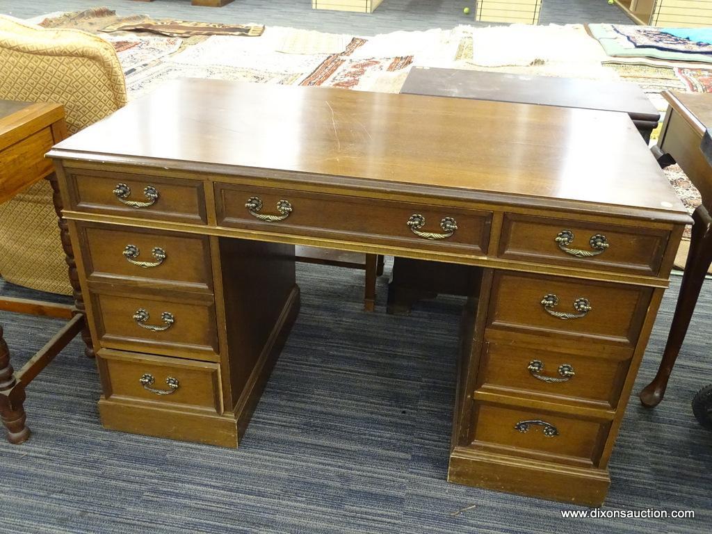 WOODEN DESK; WOOD GRAIN DESK WITH 3 TOP DOVETAIL DRAWERS AND 2 LOWER DOVETAIL DRAWERS ON THE LEFT