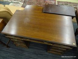 WOODEN DESK; WOOD GRAIN DESK WITH 3 TOP DOVETAIL DRAWERS AND 2 LOWER DOVETAIL DRAWERS ON THE LEFT