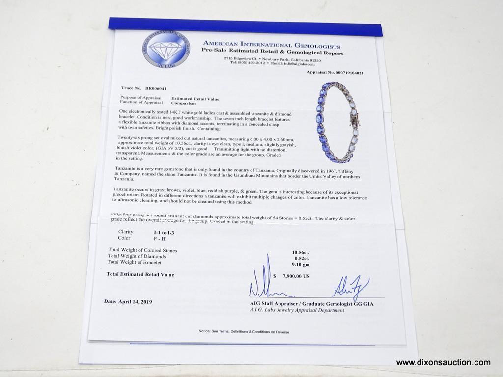 TANZANITE AND DIAMOND 7 INCH BRACELET; 14KT WHITE GOLD SETTING WITH 26 OVAL MIXED CUT NATURAL