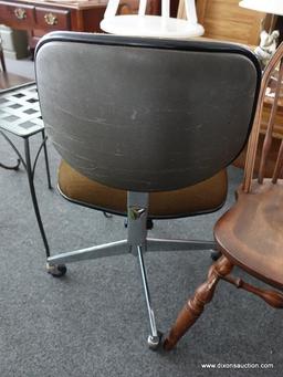 (R4) OFFICE CHAIR; CHROME OFFICE CHAIR WITH BROWN UPHOLSTERY. MEASURES 19 IN X 20 IN X 32 IN.