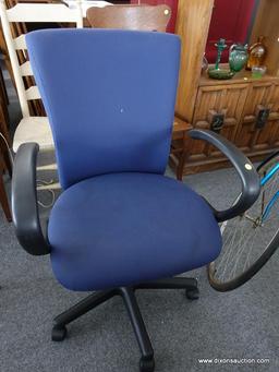 (R4) OFFICE CHAIR; BLUE UPHOLSTERED OFFICE CHAIR. MEASURES 26 IN X 27 IN X 39 IN.