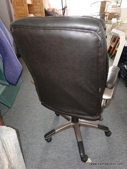 (R4) OFFICE CHAIR; FAUX BLACK LEATHER OFFICE CHAIR. HAS MINOR WEAR. MEASURES 26 IN X 24 IN X 47 IN.