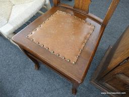 (R5) ANTIQUE CHAIR; ANTIQUE OAK CHAIR WITH CLAW FEET. REFINISHED. MEASURES 18 IN X 16 IN X 40 IN.