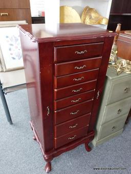 (R6) JEWELRY ARMOIRE; CHERRY QUEEN ANNE ARMOIRE WITH 8 DRAWERS, A LIFT MIRROR TOP, AND 2 SIDE DOORS