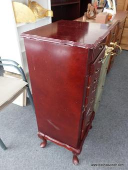 (R6) JEWELRY ARMOIRE; CHERRY QUEEN ANNE ARMOIRE WITH 8 DRAWERS, A LIFT MIRROR TOP, AND 2 SIDE DOORS