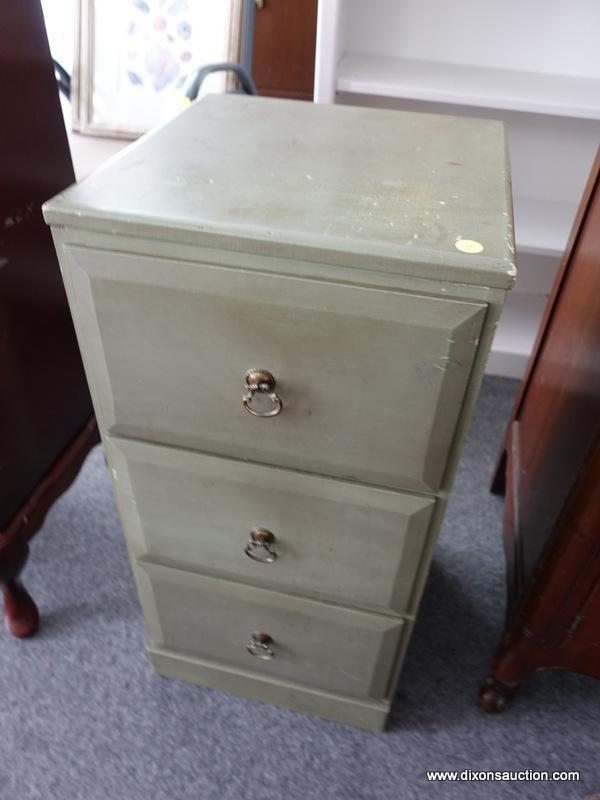 (R6) 3-DRAWER CHEST; PAINTED 3-DRAWER PINE CHEST MEASURES 14 IN X 4 IN X 29 IN.