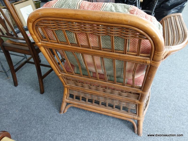 (R4) RATTAN ARM CHAIR; BENCHCRAFT RATTAN ARM CHAIR WITH CUSHIONS. CUSHIONS SHOW WEAR. OVERALL