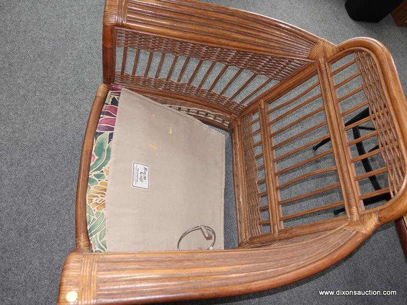 (R4) RATTAN ARM CHAIR; BENCHCRAFT RATTAN ARM CHAIR WITH CUSHIONS. CUSHIONS SHOW WEAR. OVERALL