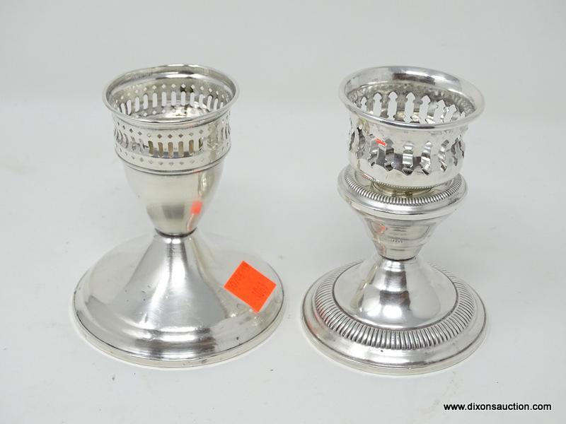(SHOW) LOT OF STERLING CANDLE HOLDERS; PAIR OF STERLING 4 IN TALL CANDLE HOLDERS, ONE IS A "DUCHIN